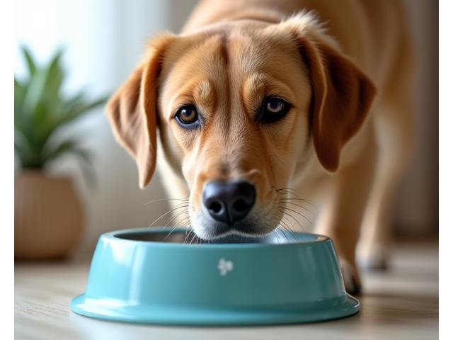 A happy, healthy dog drinking water from a clean bowl, implying good hydration and hygiene.
