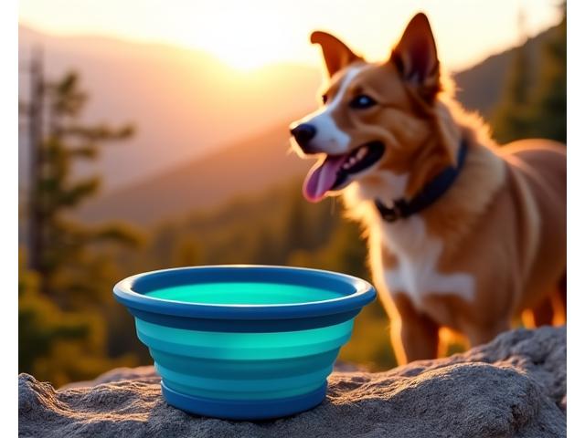 Collapsible silicone travel dog bowl next to a dog hiking on a trail.