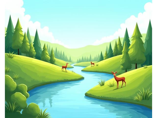 Illustration of a thriving natural landscape with a clean river and happy animals, representing environmental restoration and impact.
