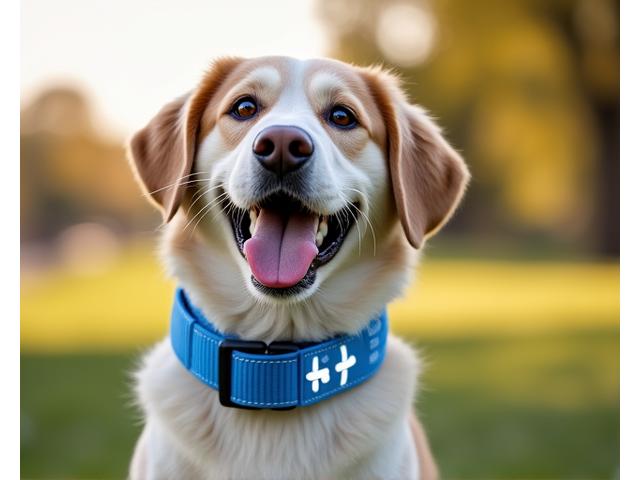 Stylish dog wearing a premium blue training collar, looking happy