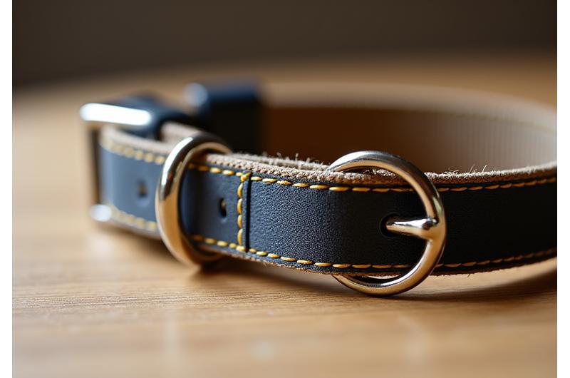 A close-up of a durable, well-made dog collar with a quality tag, symbolizing craftsmanship and guarantee